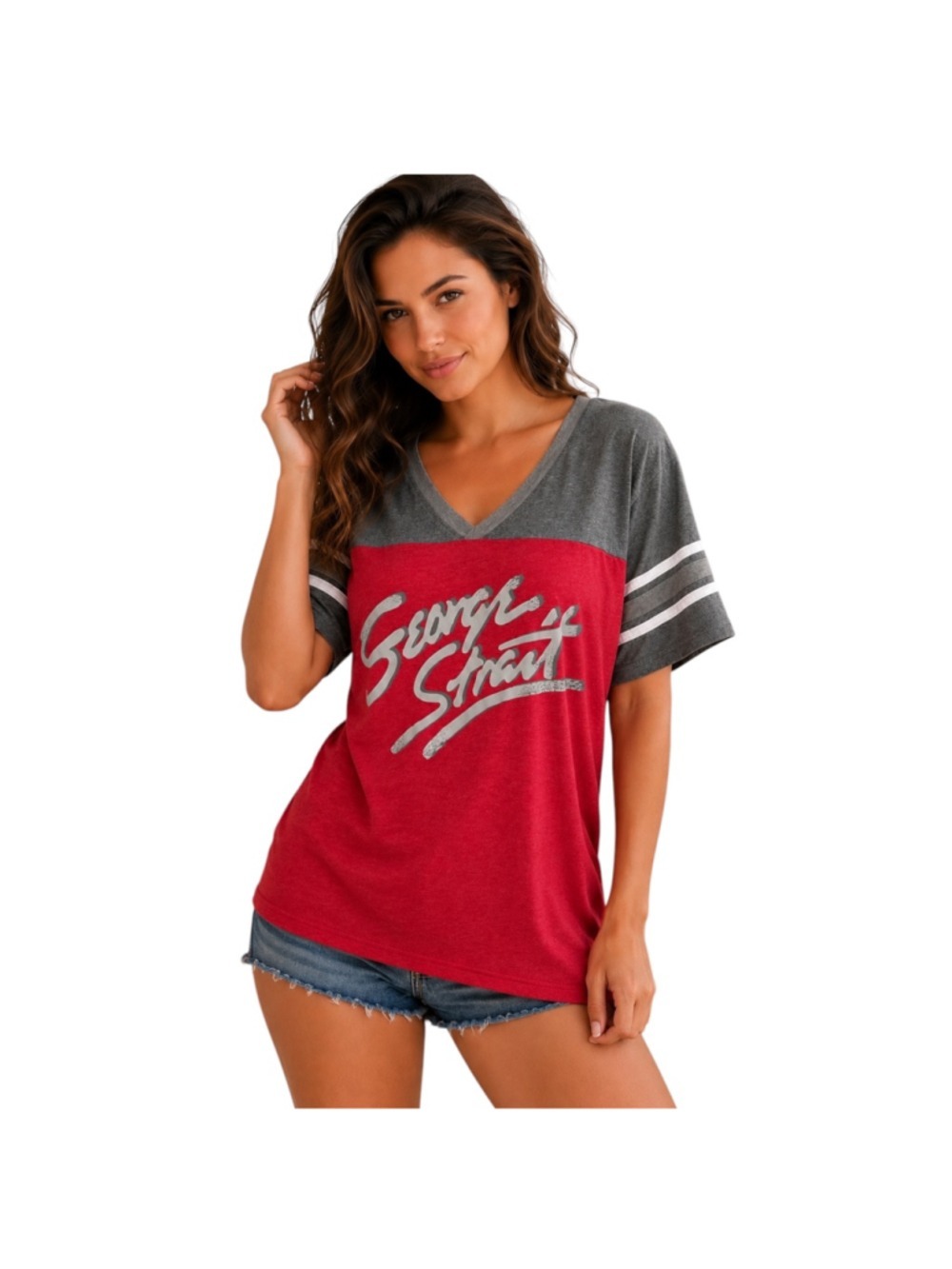 George Strait Strait to Texas Women’s Graphic V-Neck Tee Shirt XL Red Gray Count